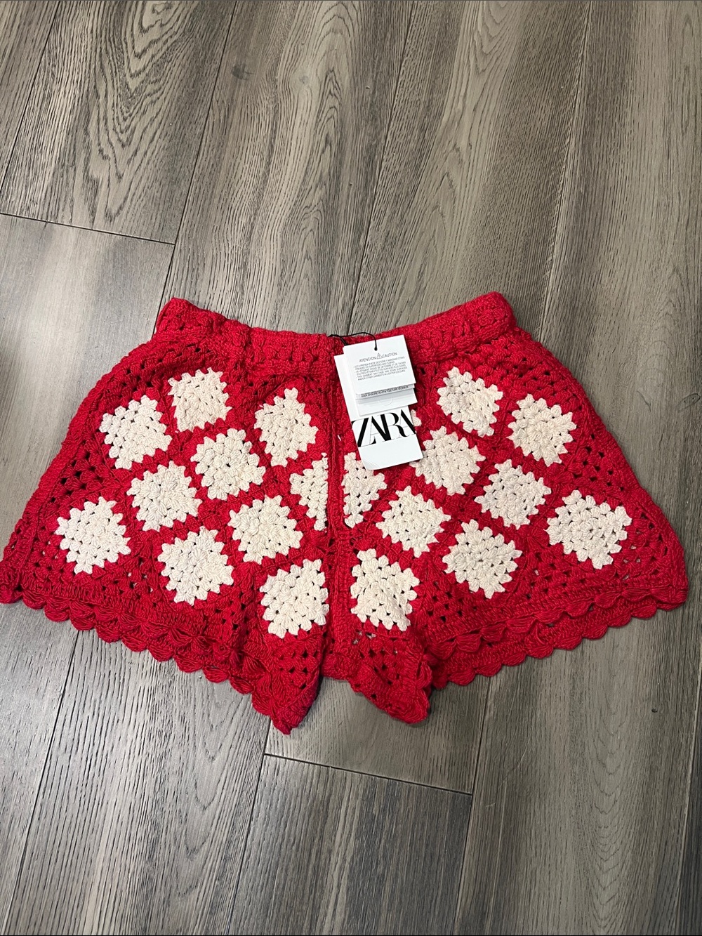 Zara Red Crochet Bermuda Shorts with Cream Crochet Squares